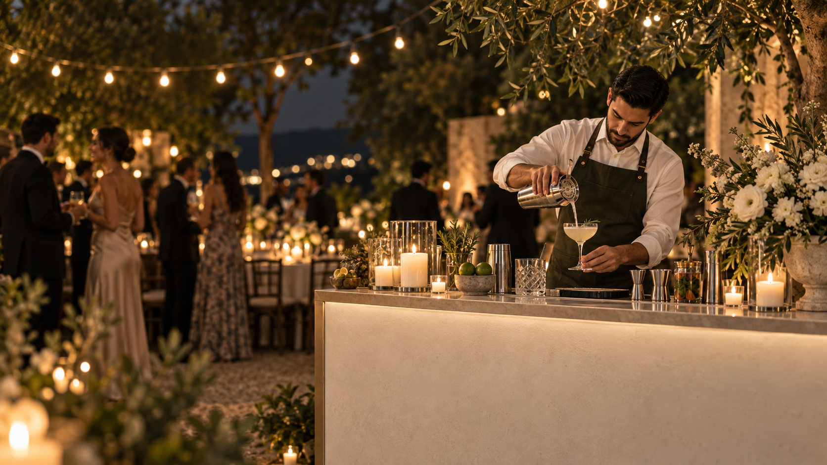Bartender crafting a cocktail at an elegant evening event
